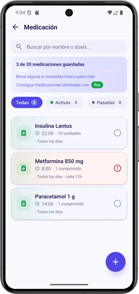 Cada medicamento con su dosis, frecuencia y duración, y recordatorios automáticos.