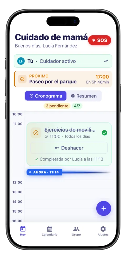El panel de «Hoy»: quién cuida ahora, la próxima toma y el cronograma del día.
