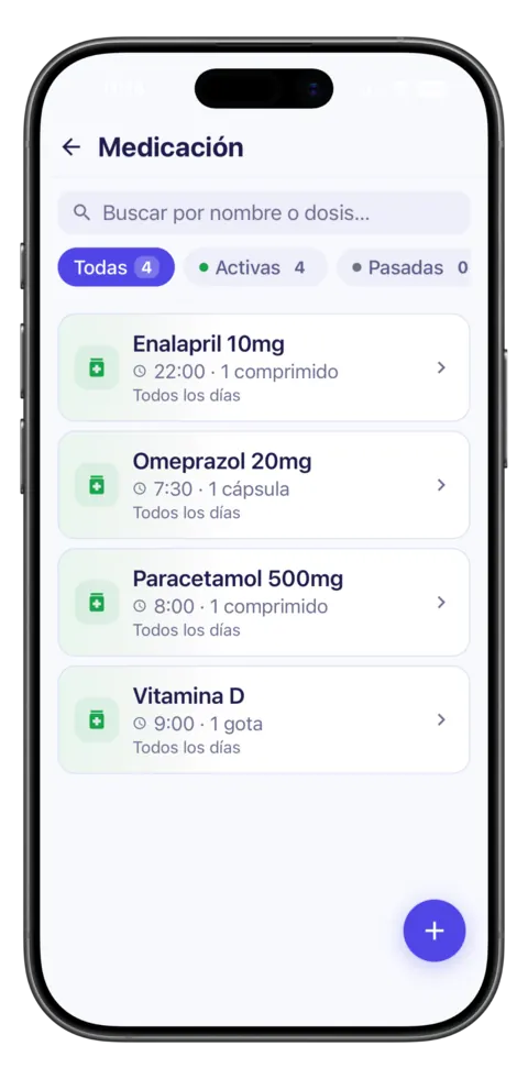 Cada medicamento con su dosis, frecuencia y duración, y recordatorios automáticos.