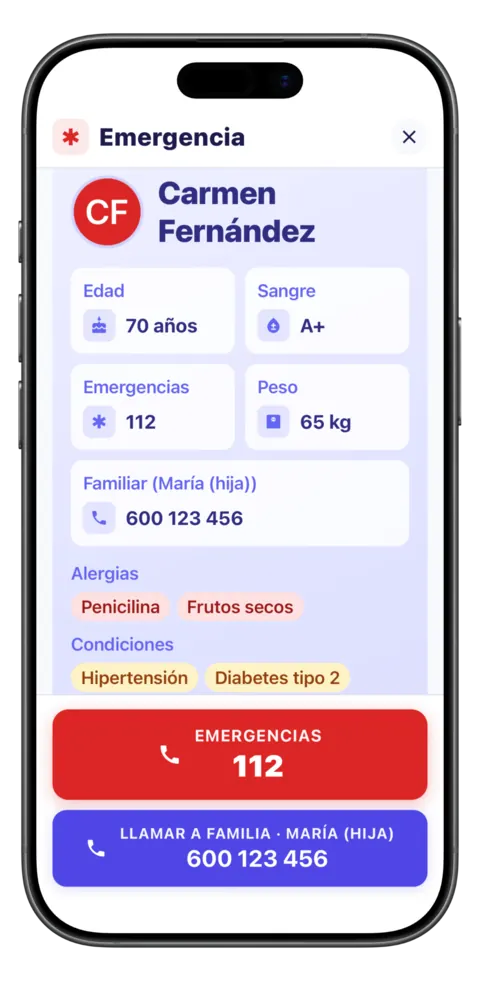 La pantalla SOS: ficha médica, alergias y contactos de emergencia a un toque.