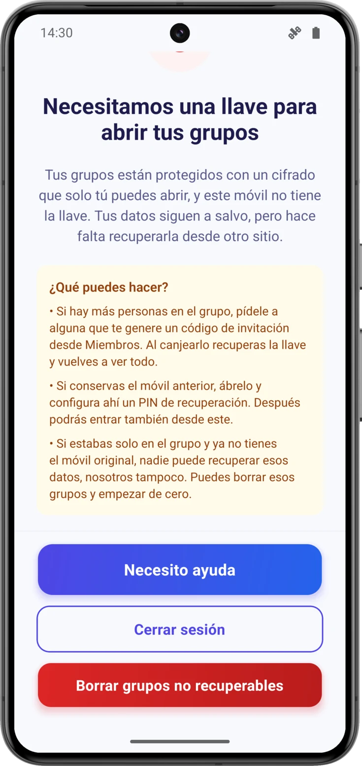Pantalla «Necesitamos una llave», con las tres opciones y los botones del pie