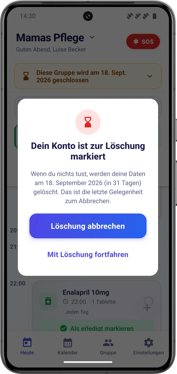 Fenster «Dein Konto ist zur Löschung markiert», mit dem Datum und den beiden Knöpfen
