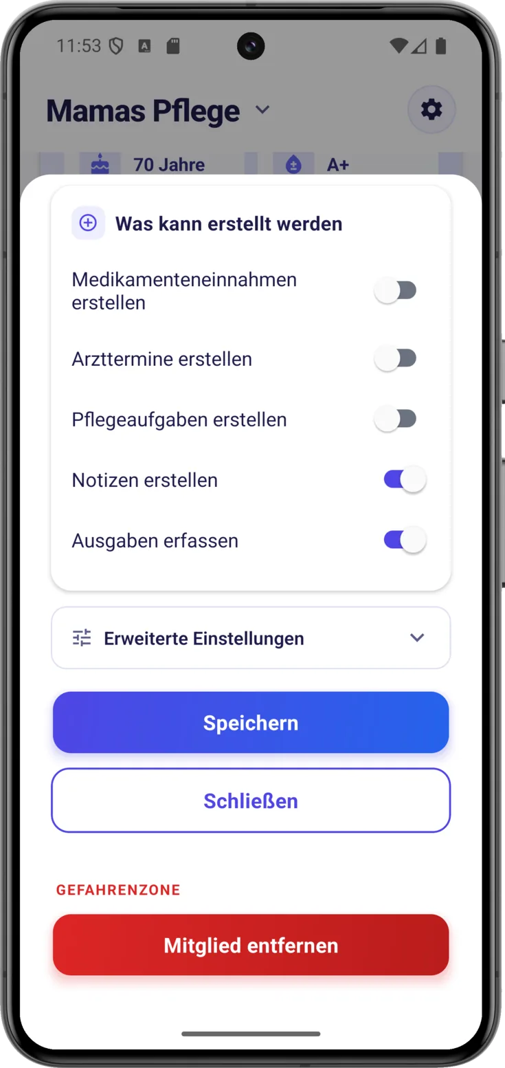 Speichern / Mitglied entfernen