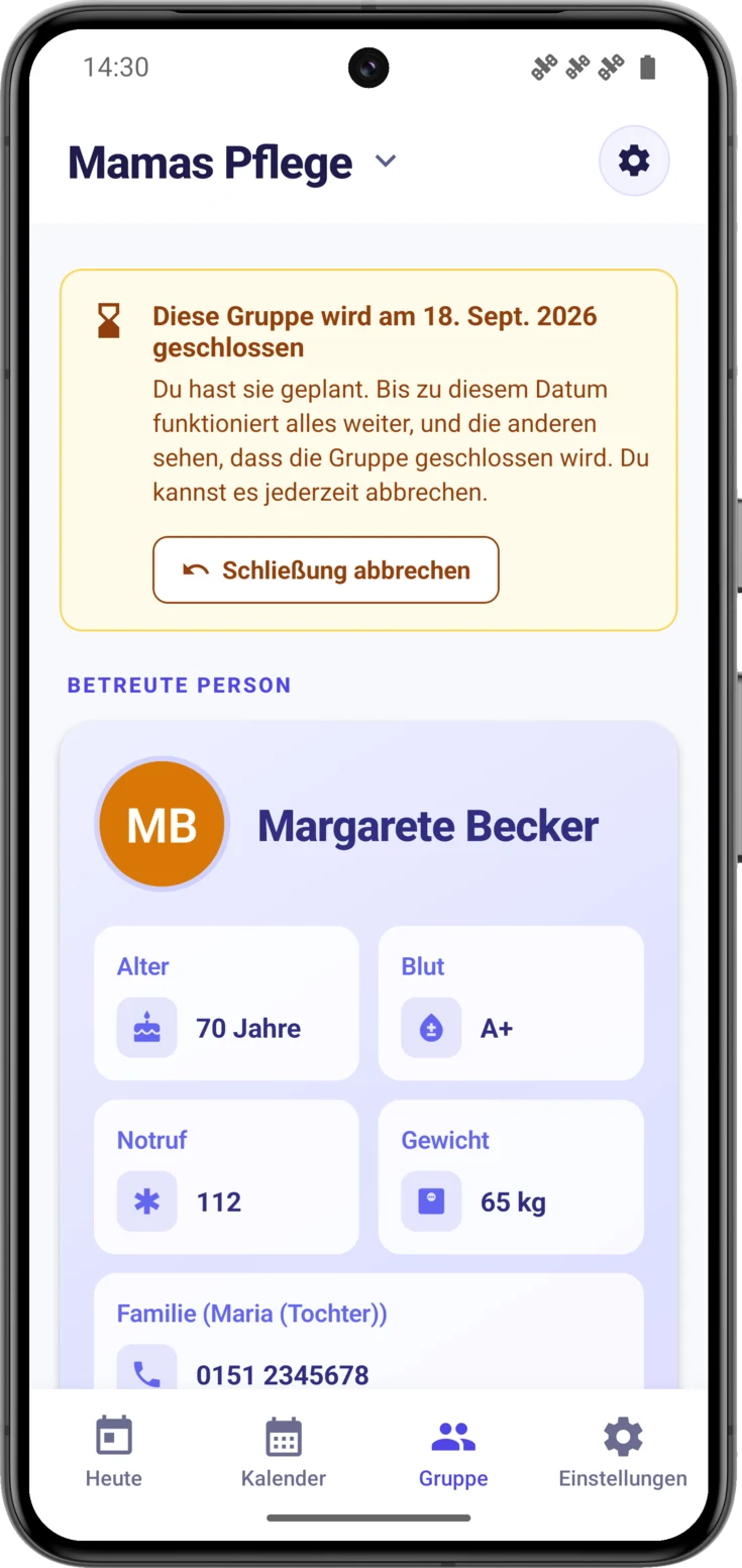 Bernsteinfarbener Streifen «Diese Gruppe wird am … geschlossen» am Kopf des Bildschirms Gruppe