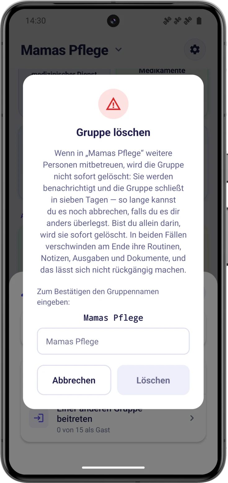 Dialog «Gruppe löschen», mit dem noch einzutippenden Namen und der ausgeschalteten Löschen-Schaltfläche