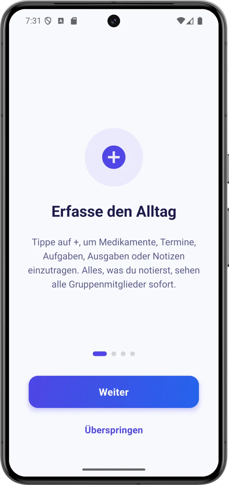 Willkommenstour: der erste von vier Bildschirmen