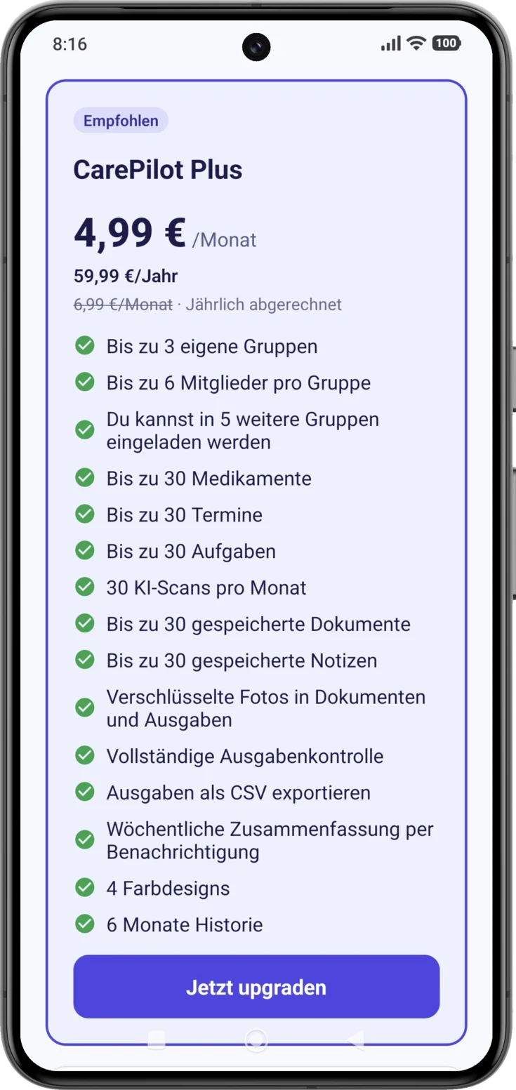 Die ganze Plus-Karte, mit der Kennzeichnung «Empfohlen» und dem Button «Jetzt upgraden»