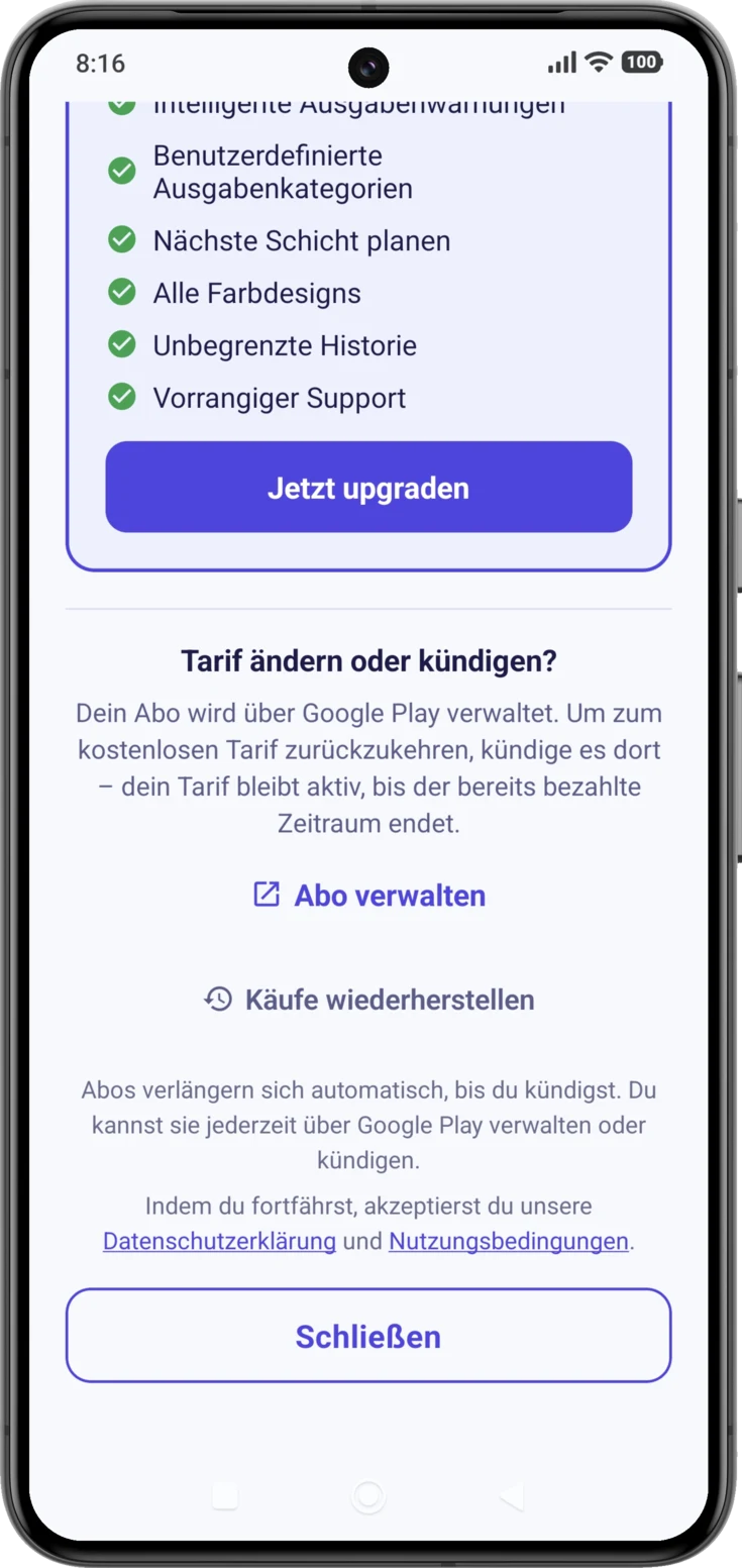 Das Ende des Bildschirms, mit «Abo verwalten», «Käufe wiederherstellen» und dem Hinweis zur Verlängerung