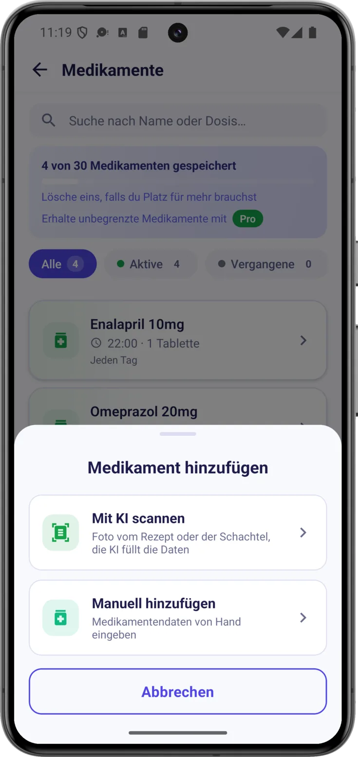 Das Blatt «Medikament hinzufügen», mit den beiden Wegen zum Anlegen