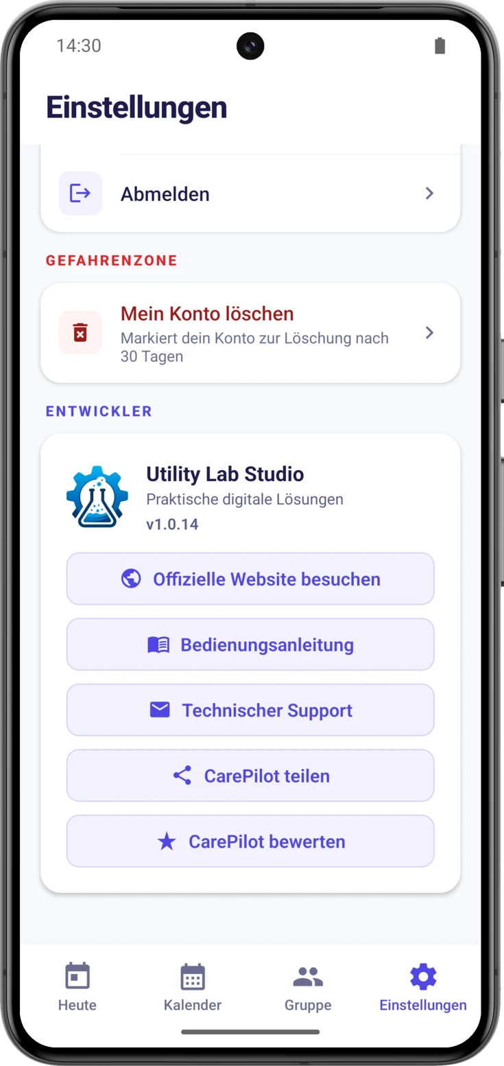 Der Entwicklerblock mit den fünf Buttons und der Versionsnummer