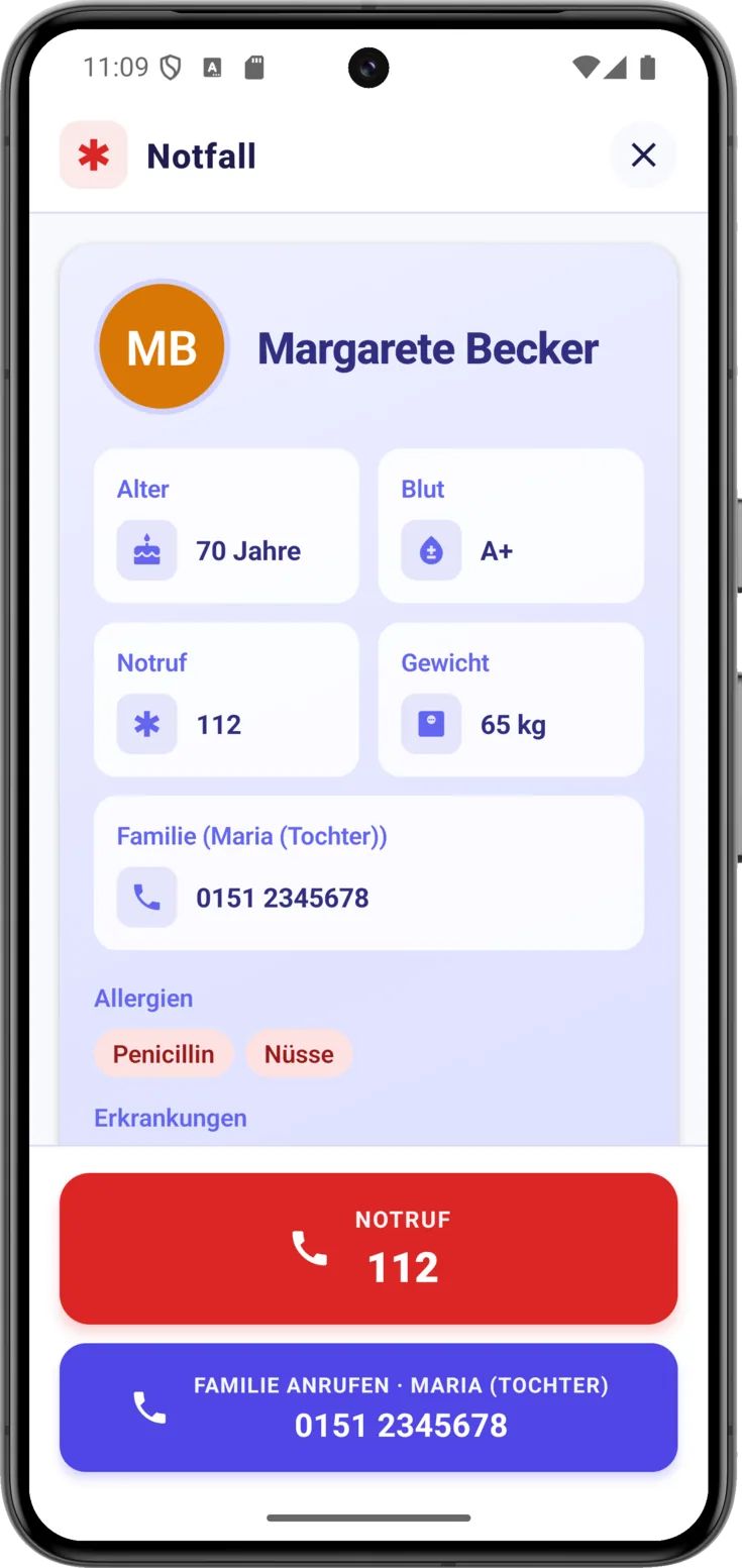 Medizinische Karte auf dem Notfallbildschirm