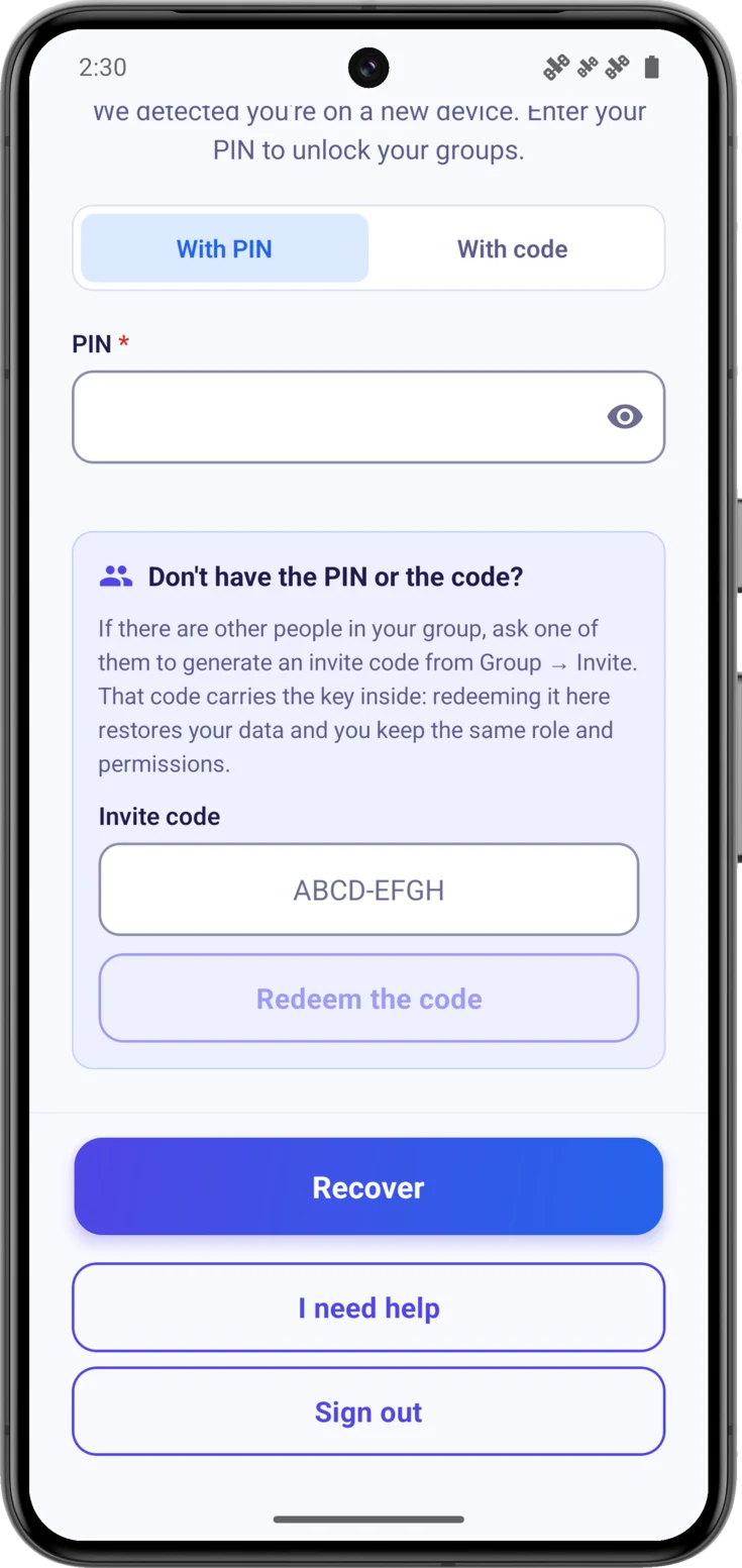 The «Don't have the PIN or the code?» block, with the field for the invitation code