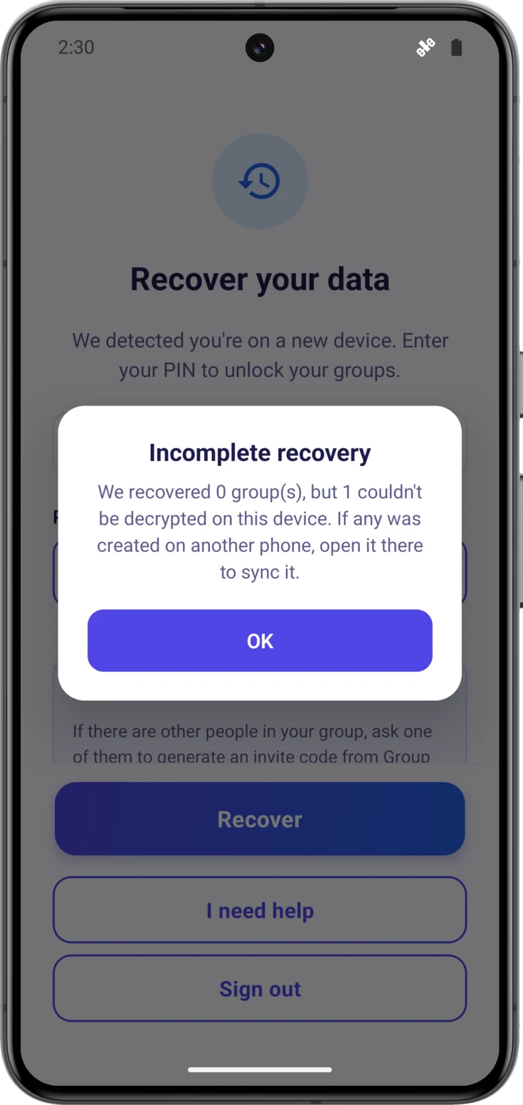 Incomplete recovery notice, with the count of recovered and failed groups
