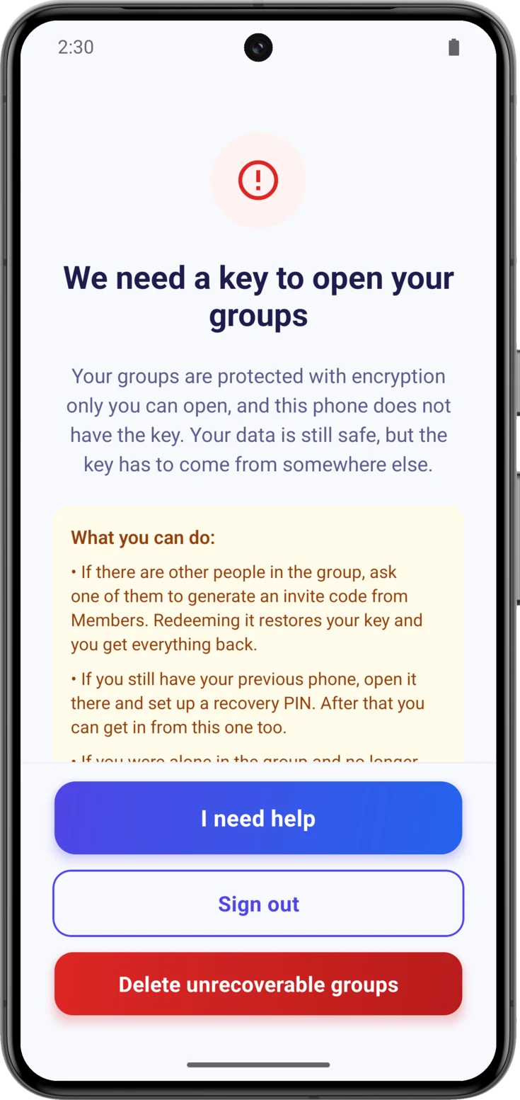 The «We need a key» screen, with the three options and the buttons at the bottom