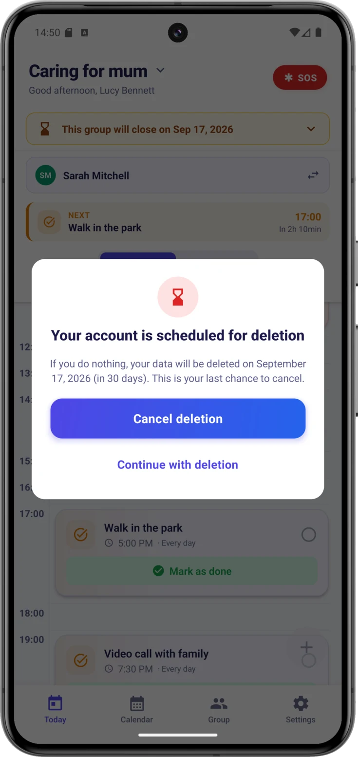 The «Your account is scheduled for deletion» window, with the date and the two buttons