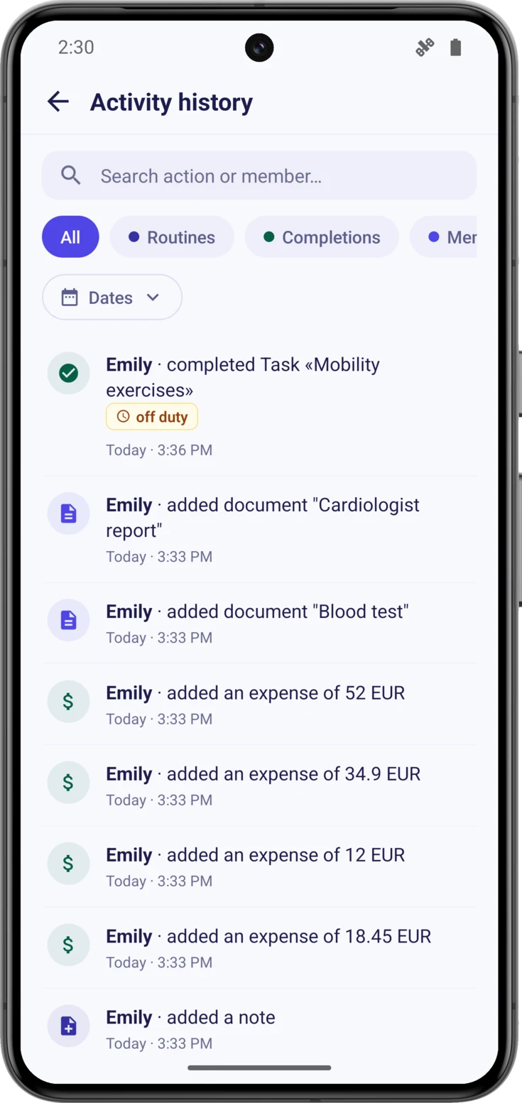 Activity history