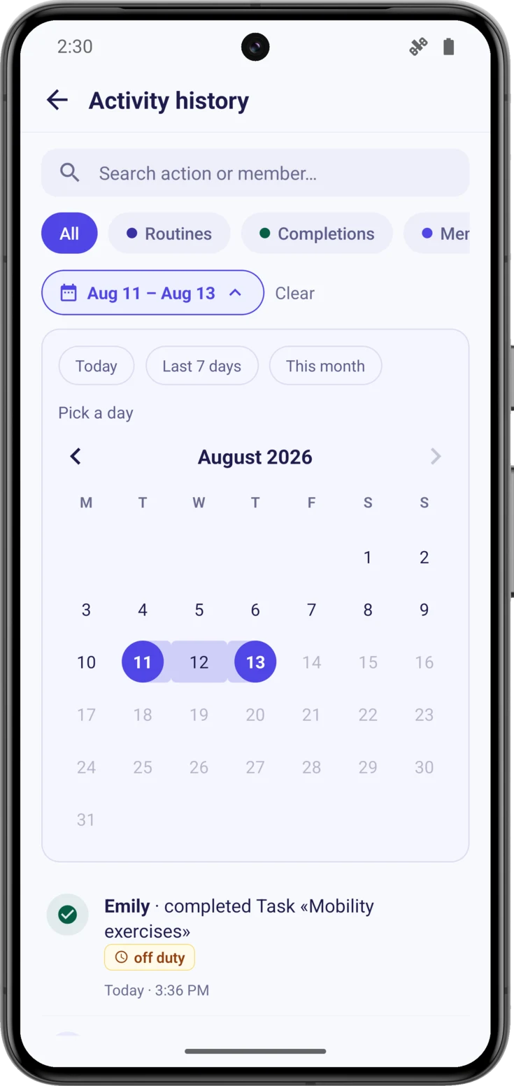 Date filter with a range selected