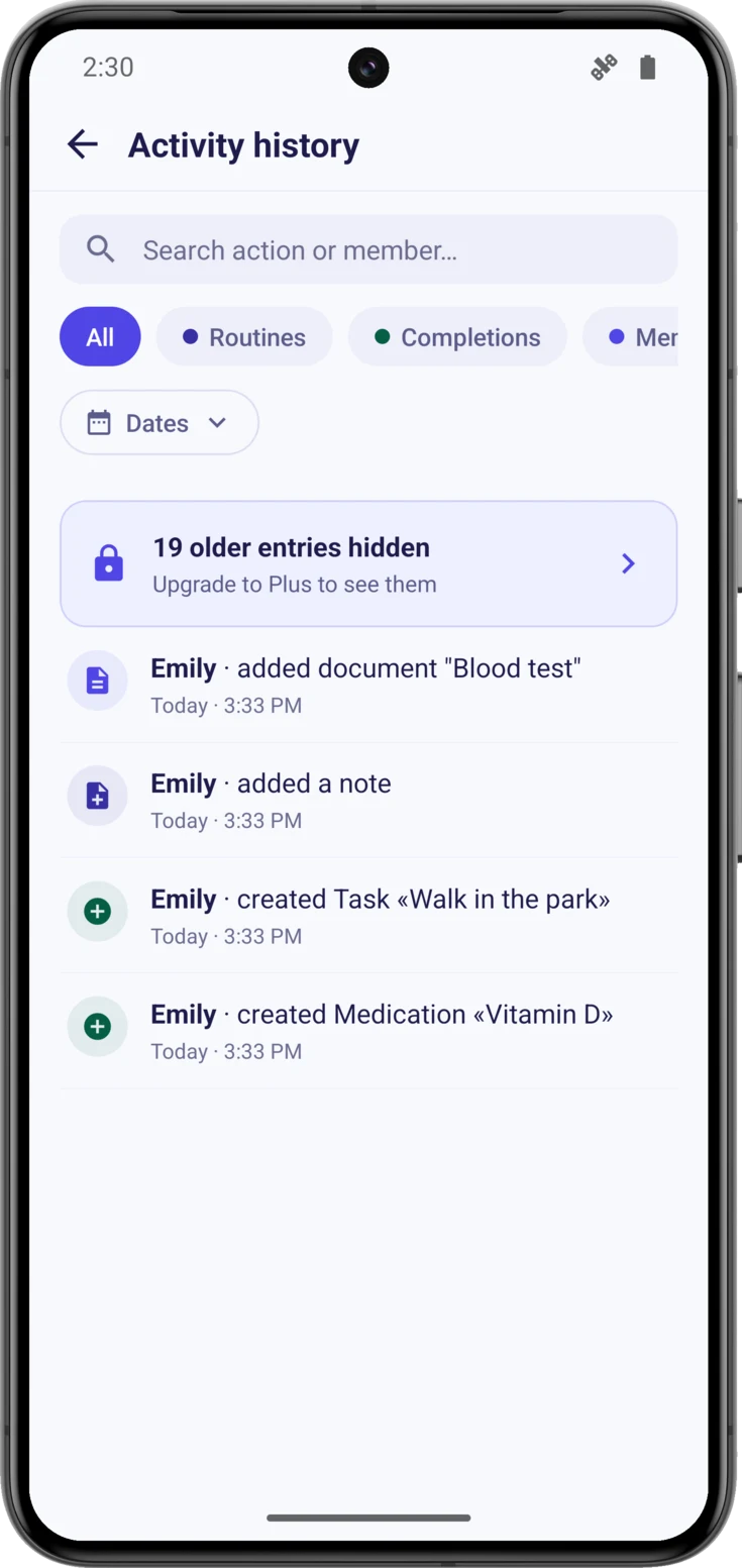 The notice about hidden older entries, above the list