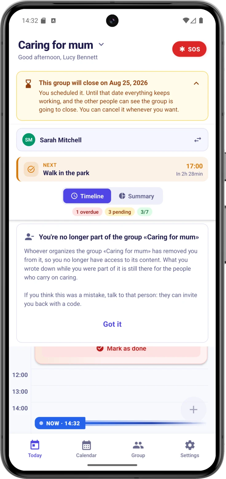 The card «You're no longer part of the group…», over the timeline and with the Got it button