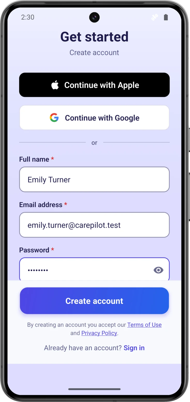 Create account button