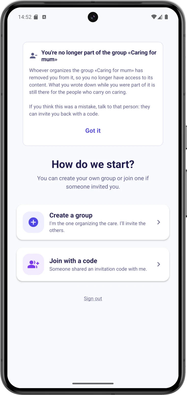 «How do we start?» with the notice card above it and «Sign out» at the bottom