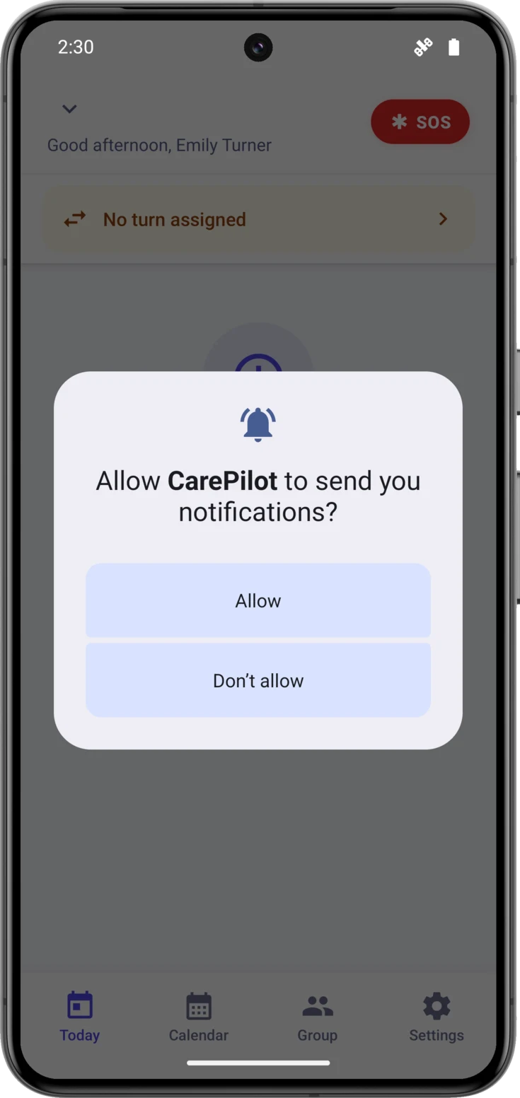 System dialog asking for notification permission, on top of the Today screen