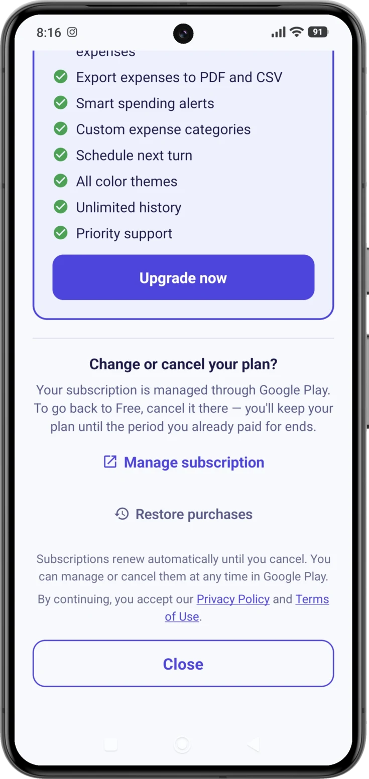 The bottom of the screen, with «Manage subscription», «Restore purchases» and the renewal notice