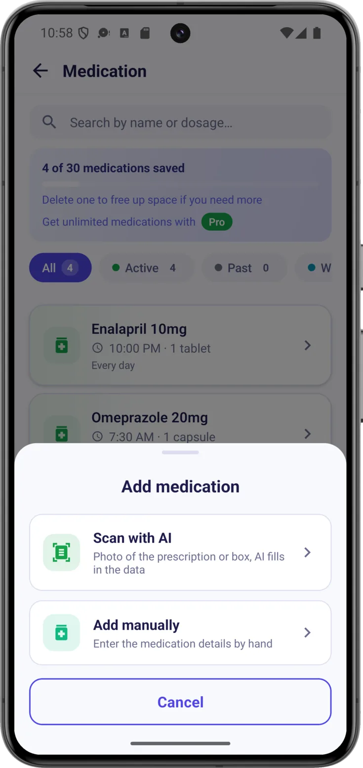 The «Add medication» sheet, with the two ways of creating one