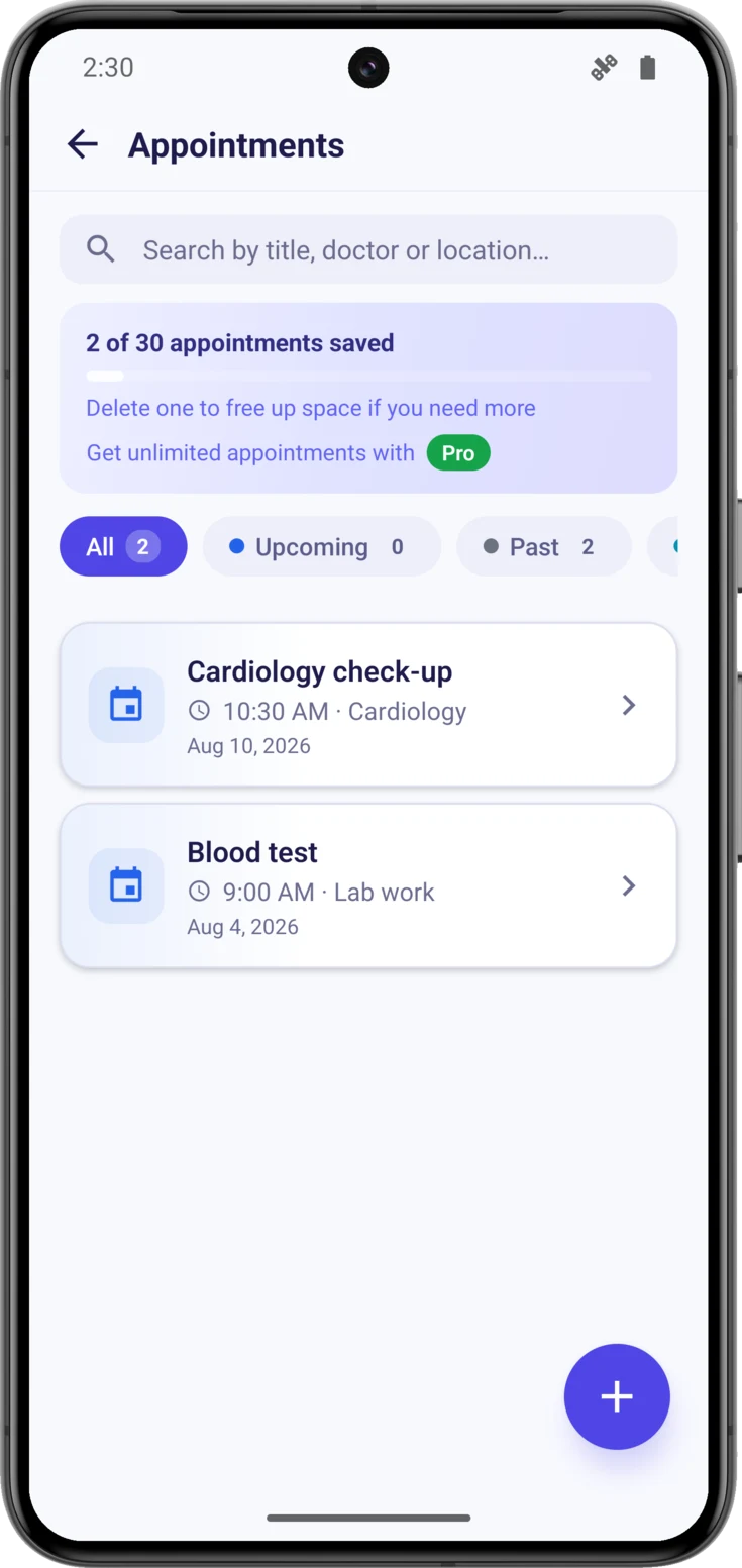 The Appointments list, with «Upcoming» as the second filter