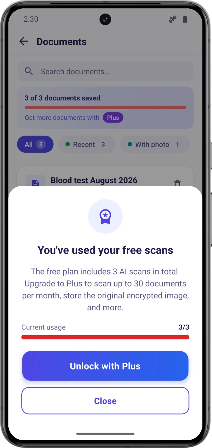 The out-of-scans notice, with your current usage and the upgrade button