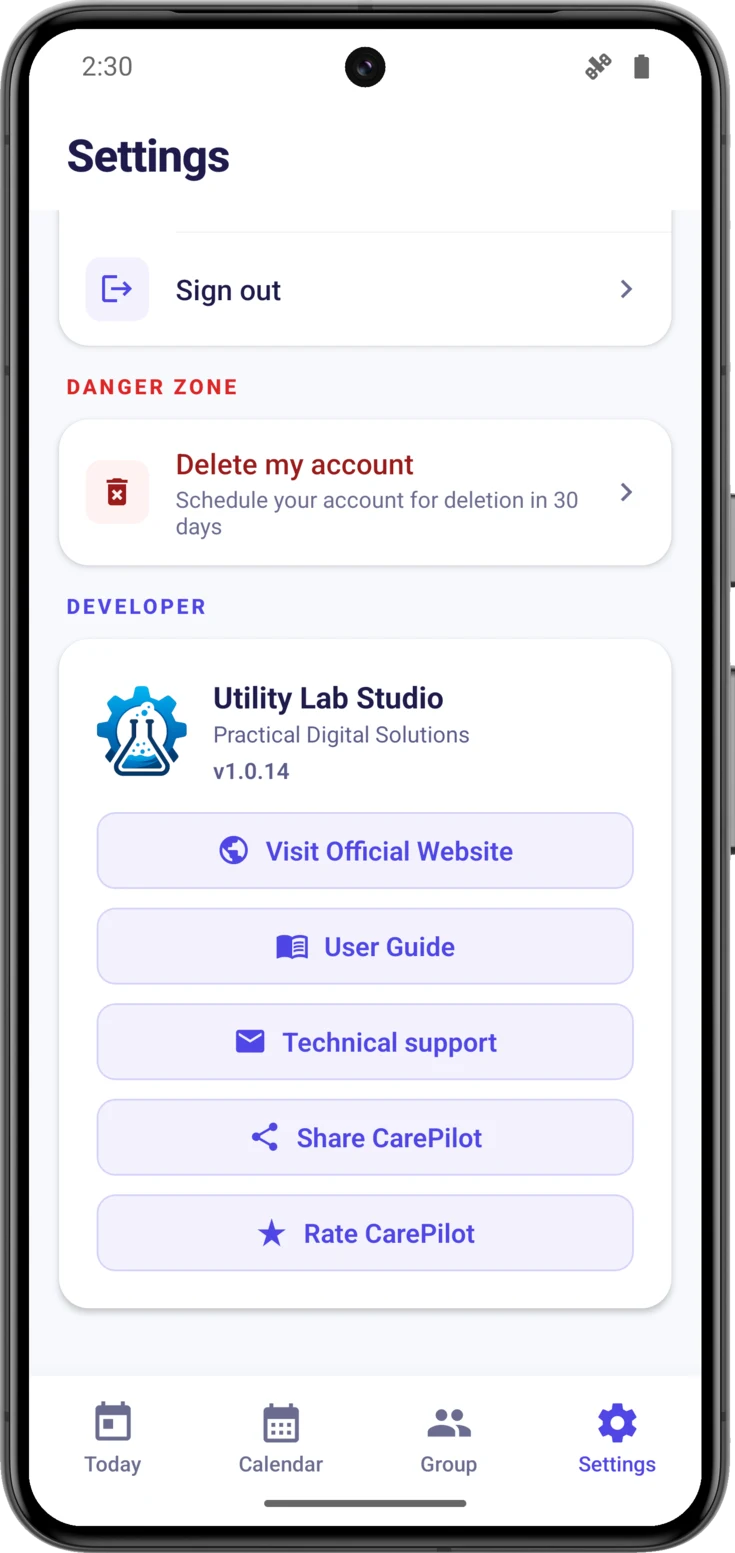 The developer block, with the five buttons and the version number
