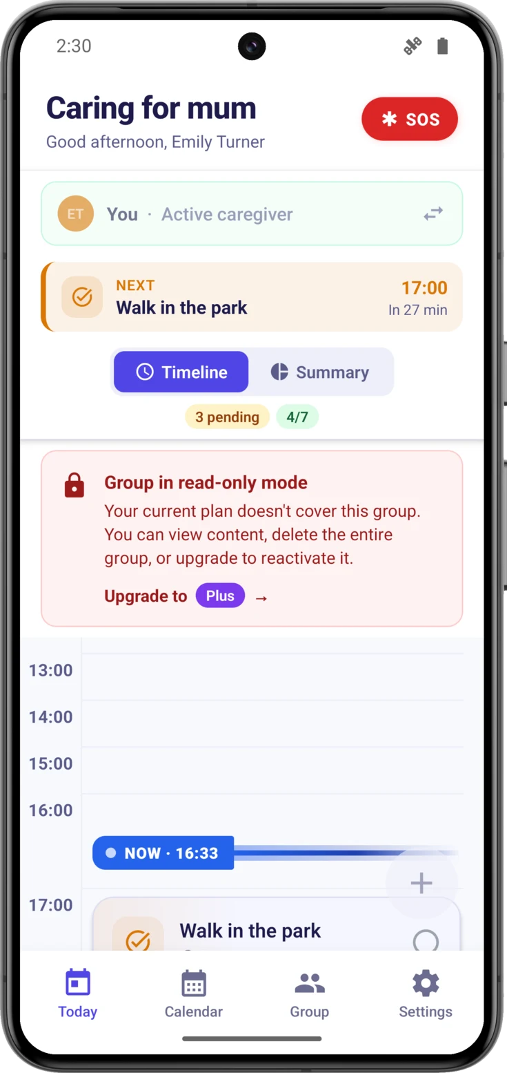 Red «Group in read-only mode» banner on the Today screen