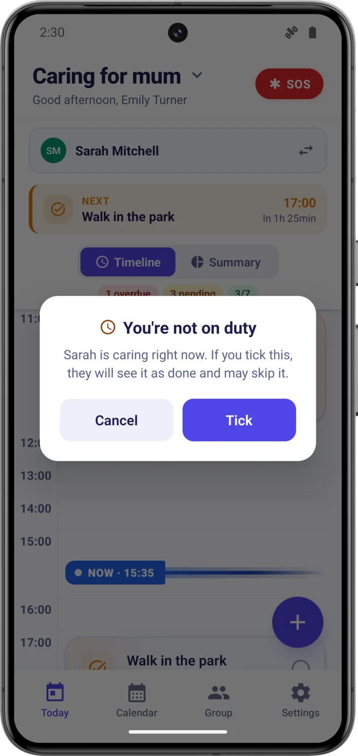 The «You're not on duty» dialogue when ticking off a dose without having the turn
