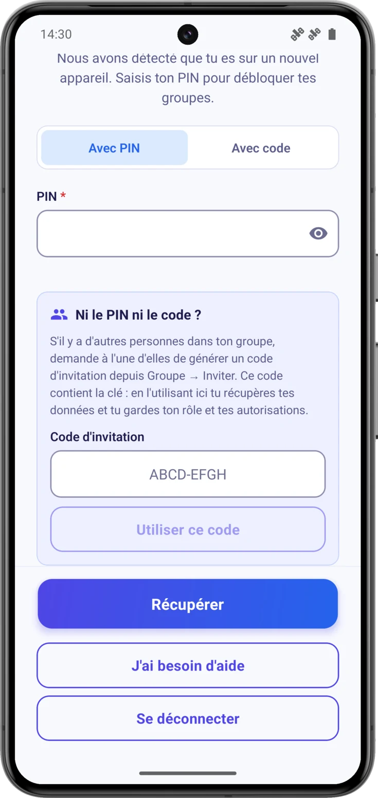 Le bloc «Ni le PIN ni le code ?», avec le champ pour le code d'invitation