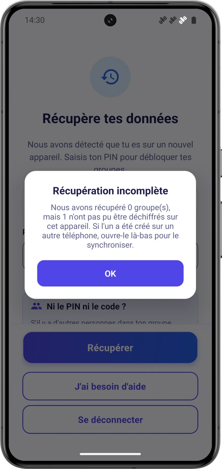 Avis de récupération incomplète, avec le décompte des groupes récupérés et de ceux qui ont échoué