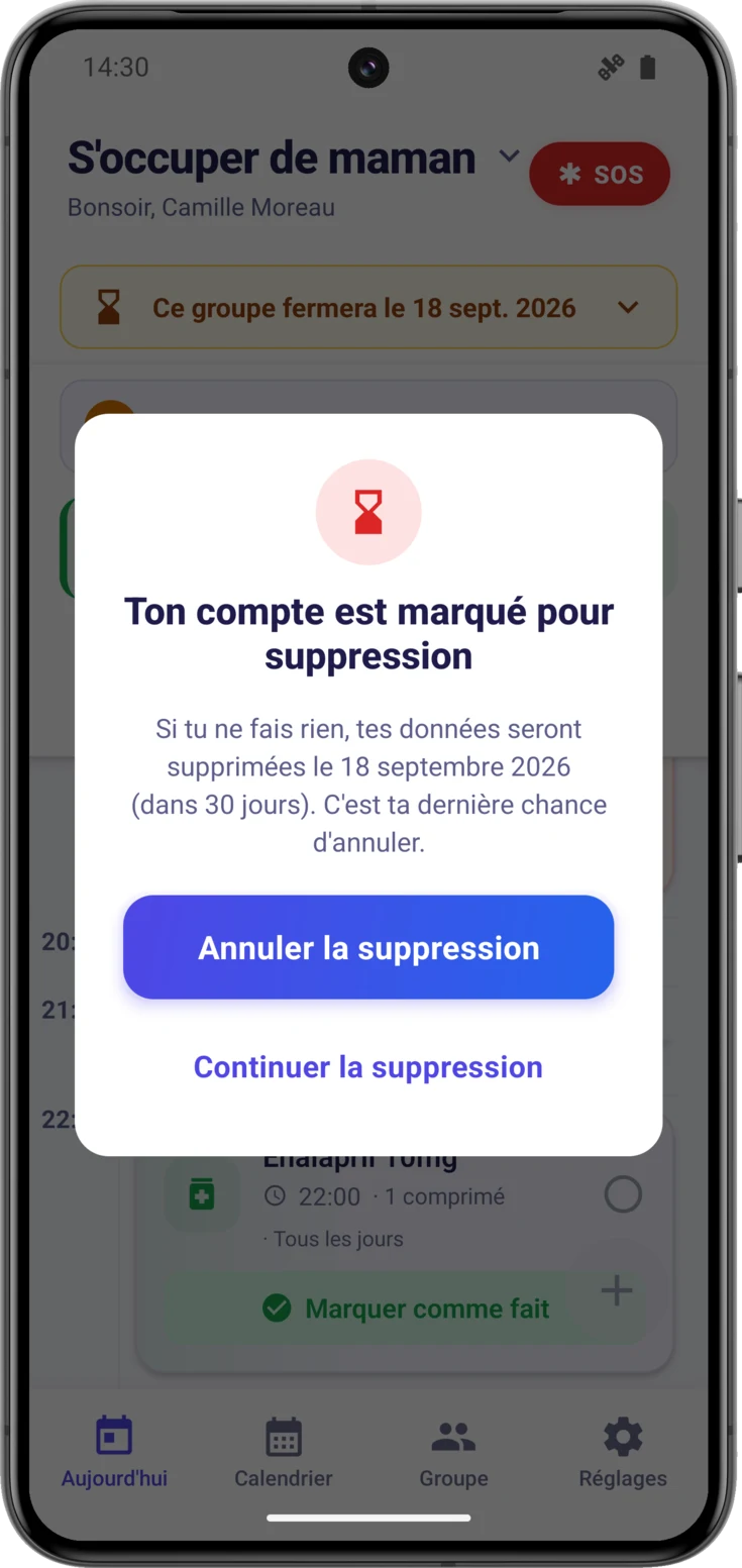 Fenêtre «Ton compte est marqué pour suppression», avec la date et les deux boutons