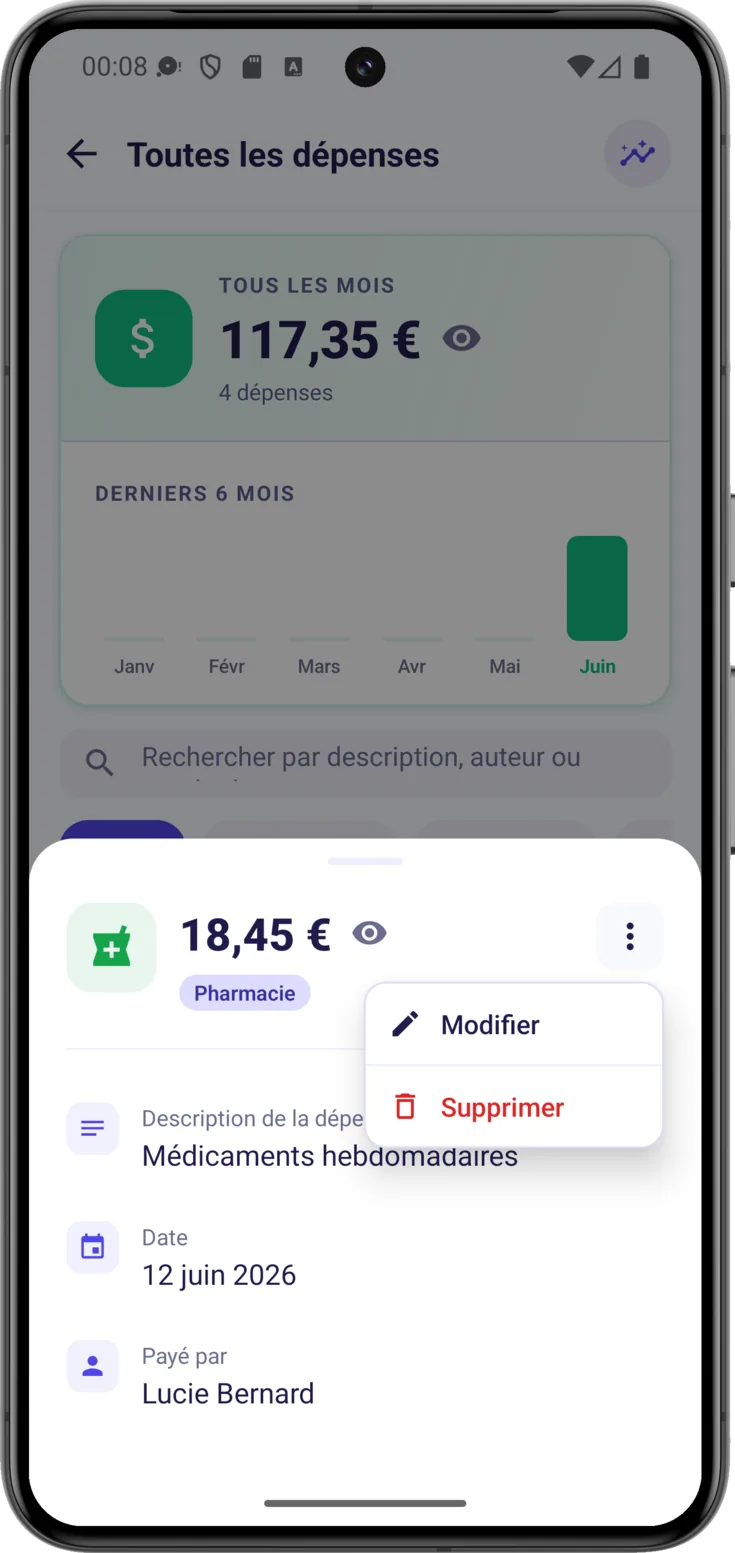 Menu de la dépense