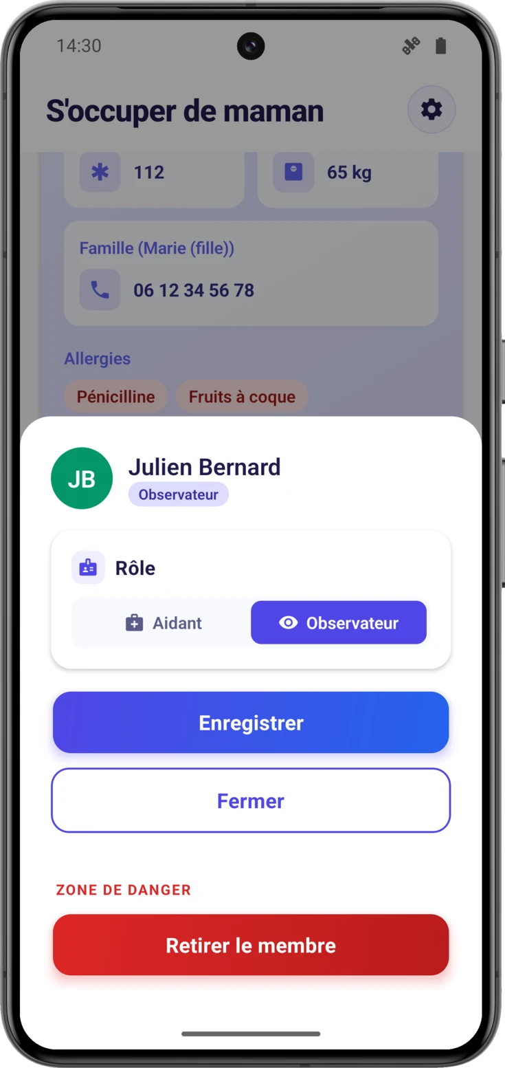 Éditeur de permissions avec Observateur sélectionné, sans interrupteurs en dessous