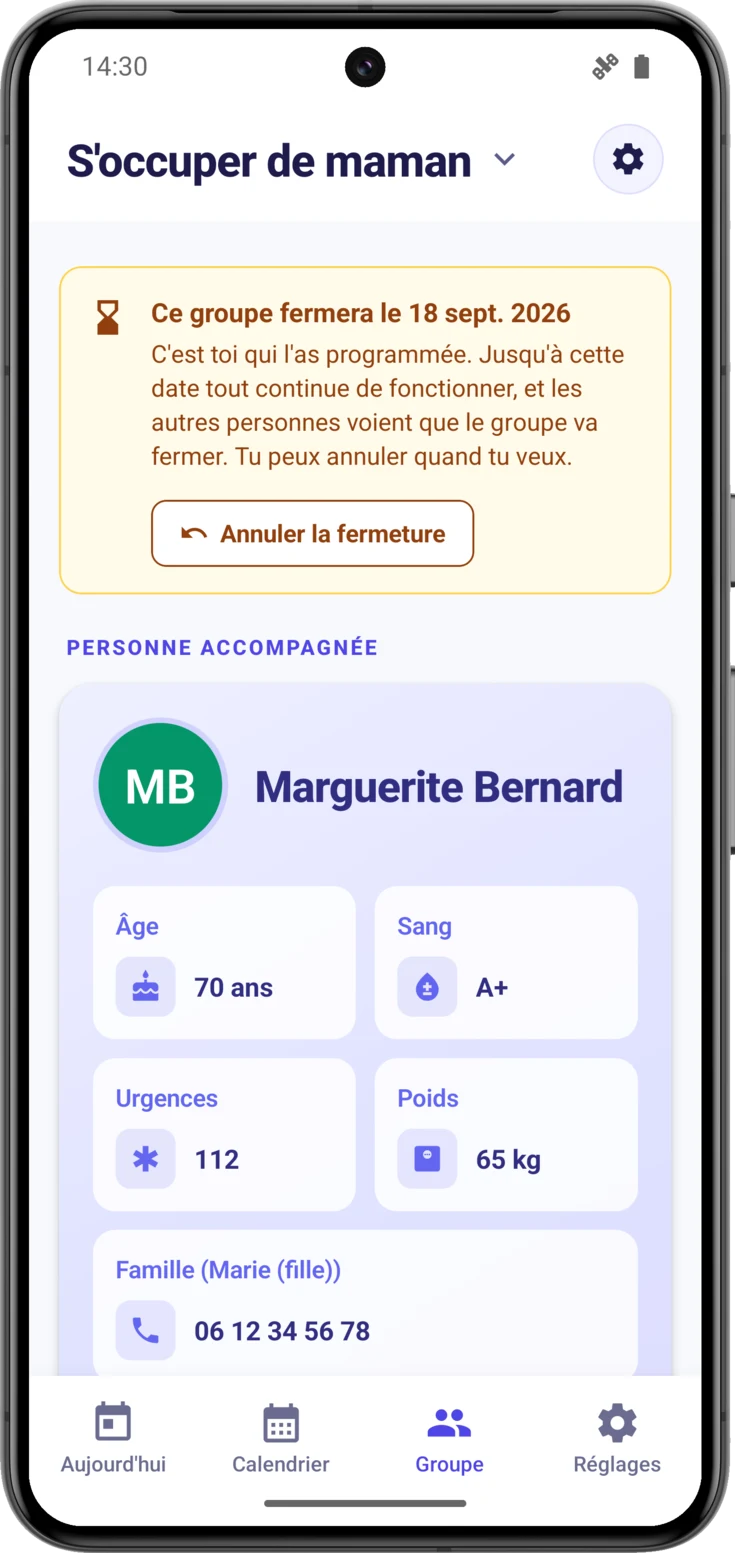 Bandeau ambre «Ce groupe fermera le…» en tête de l'écran Groupe
