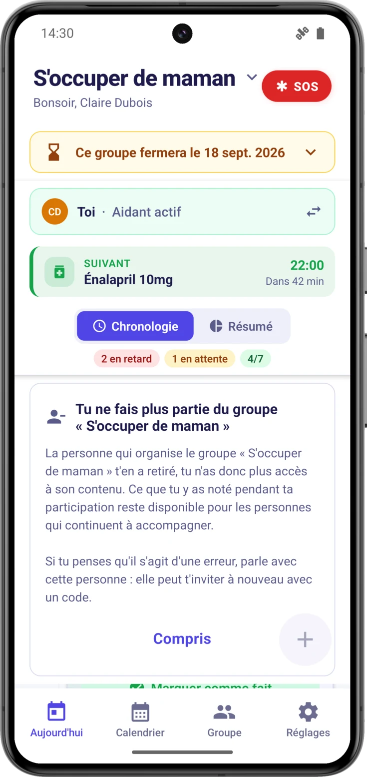 Carte «Tu ne fais plus partie du groupe…», au-dessus de la chronologie et avec le bouton Compris