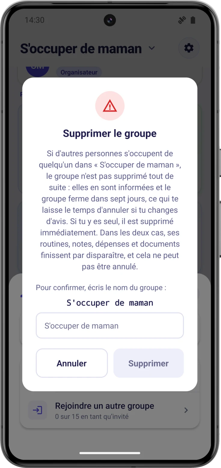 Boîte de dialogue «Supprimer le groupe», avec le nom encore à écrire et le bouton de suppression éteint