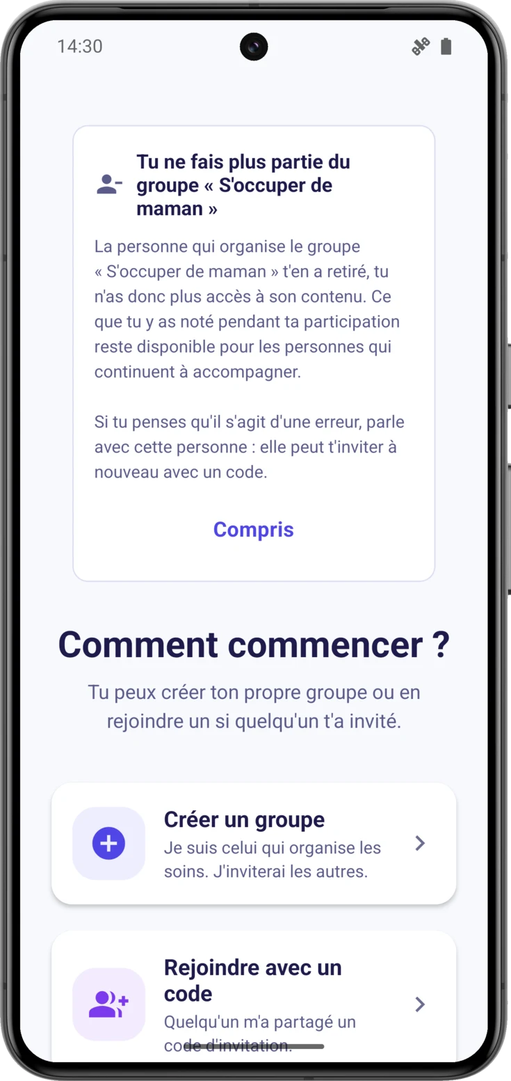 «Comment commencer ?» avec la carte d'avis au-dessus et «Se déconnecter» en bas