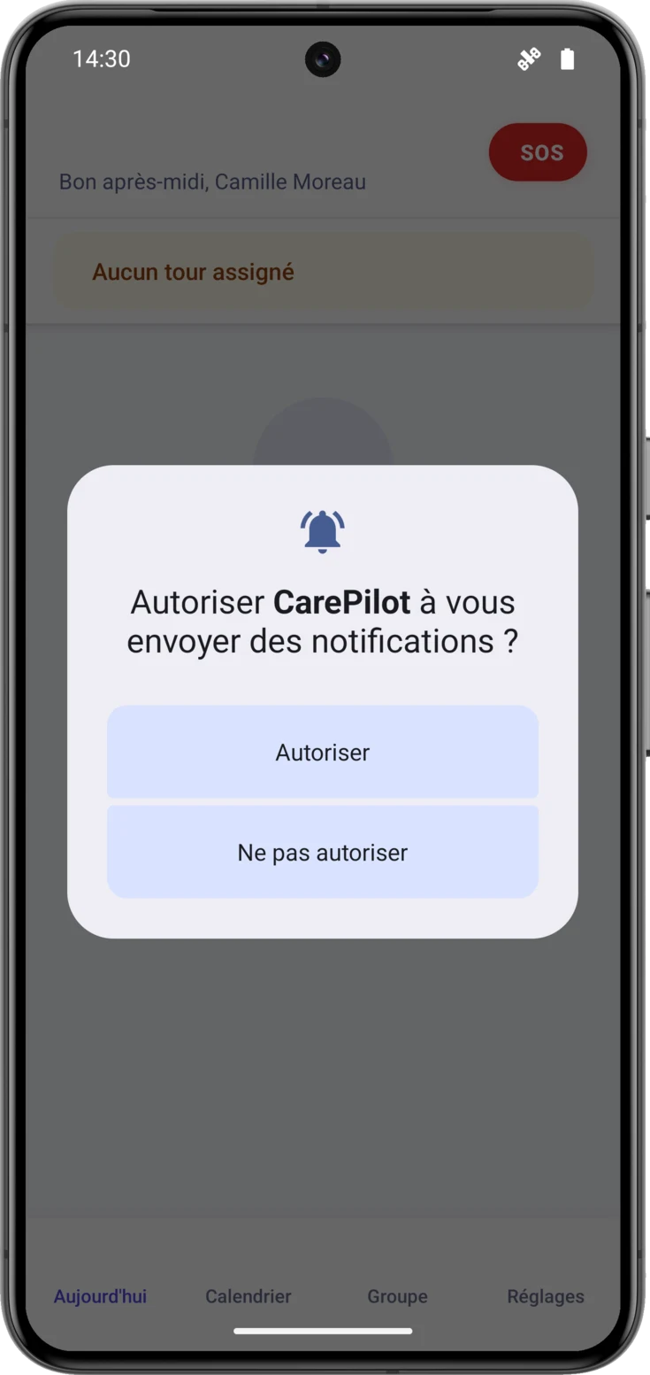 Boîte de dialogue du système demandant l'autorisation d'envoyer des notifications, par-dessus l'écran Aujourd'hui