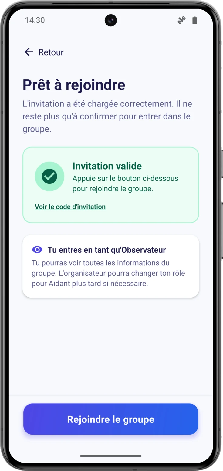 Écran «Prêt à rejoindre» avec la carte verte d'invitation valide