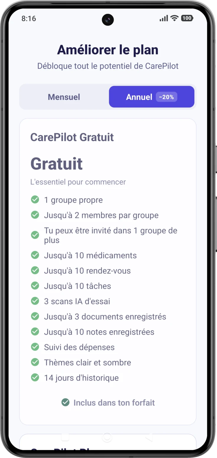 Le haut de l'écran, avec le sélecteur Mensuel/Annuel et la première carte