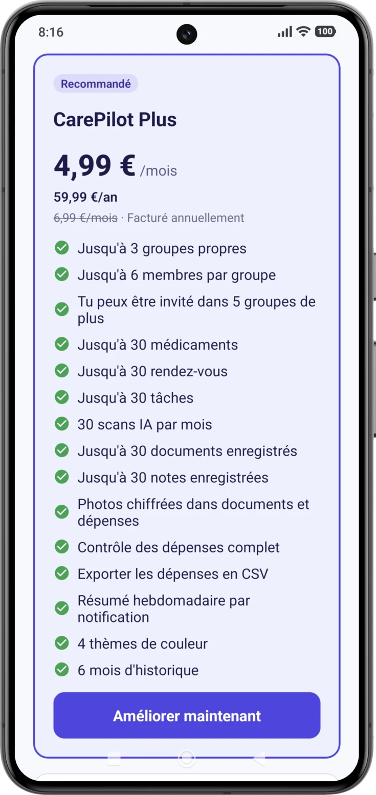 La carte de Plus en entier, avec l'étiquette «Recommandé» et le bouton «Améliorer maintenant»