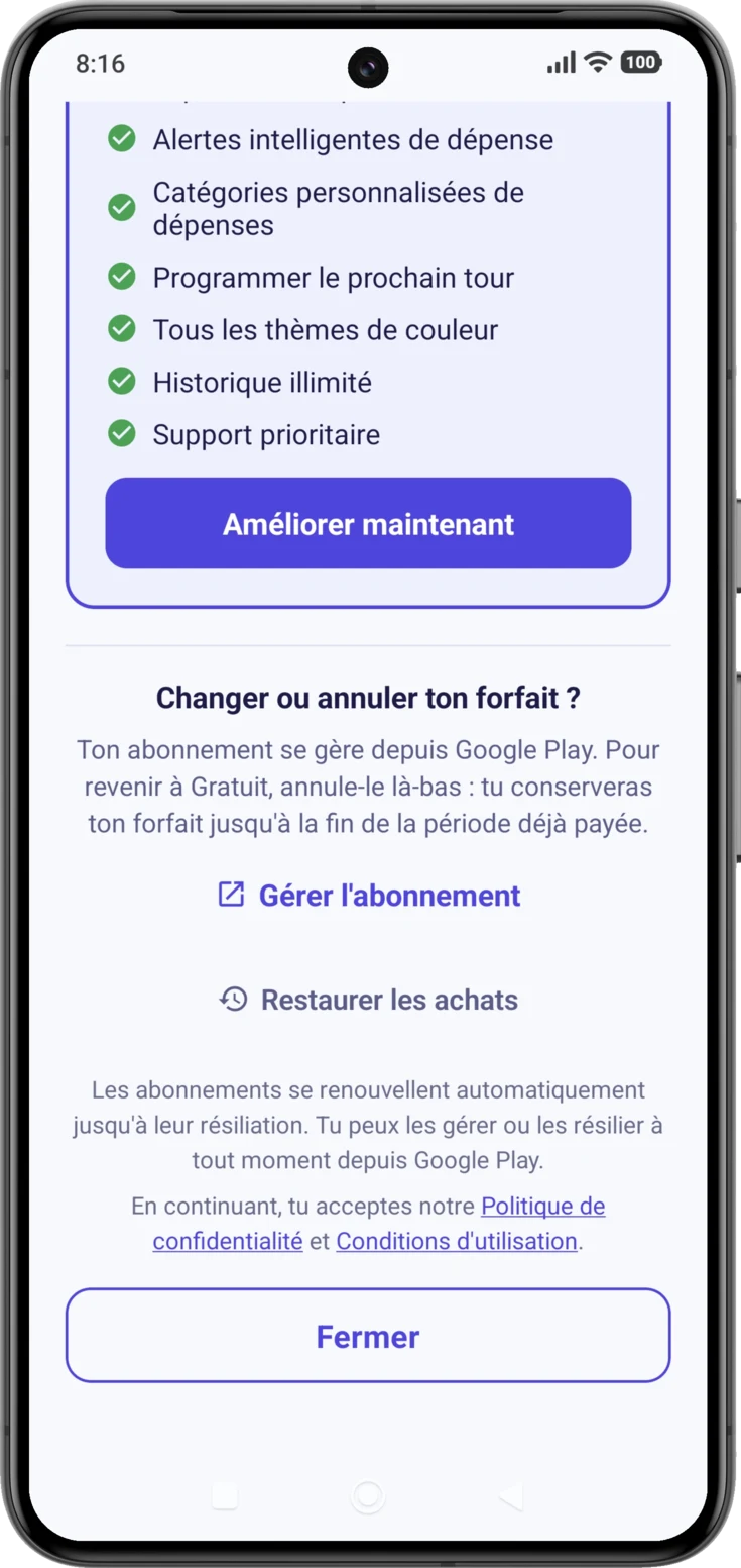 Le bas de l'écran, avec «Gérer l'abonnement», «Restaurer les achats» et l'avis de renouvellement