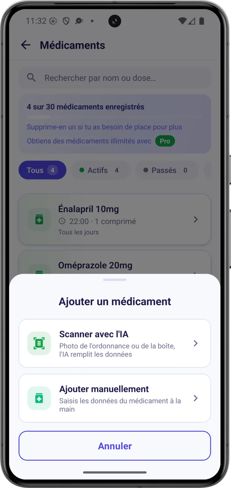 La feuille «Ajouter un médicament», avec les deux façons de la créer