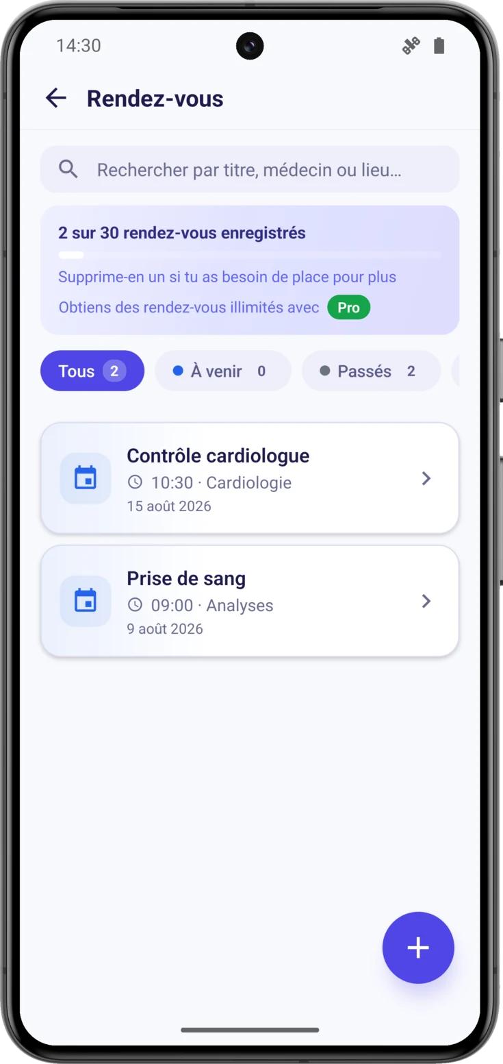 Liste des Rendez-vous, avec «À venir» comme deuxième filtre