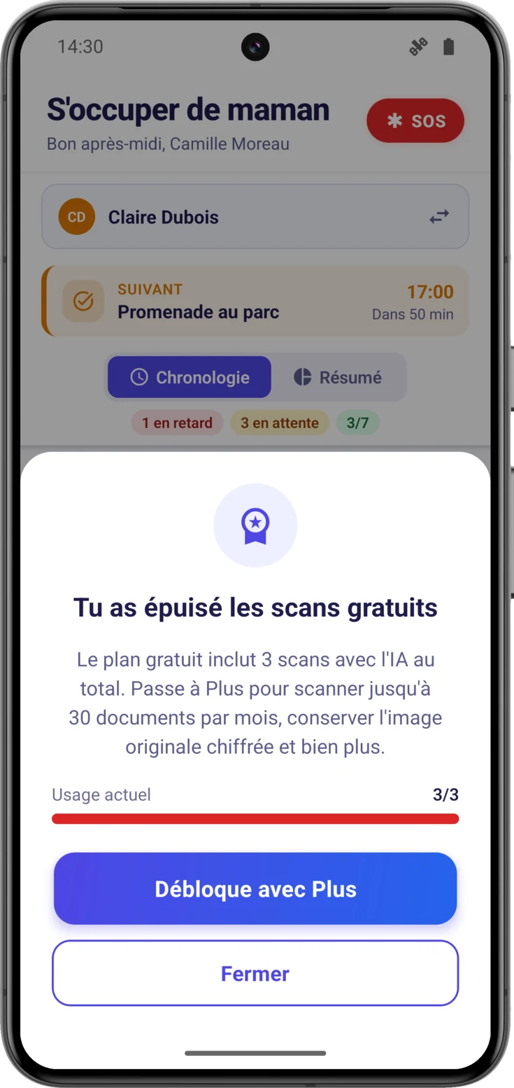 Message de scans épuisés, avec l'usage actuel et le bouton pour changer de plan